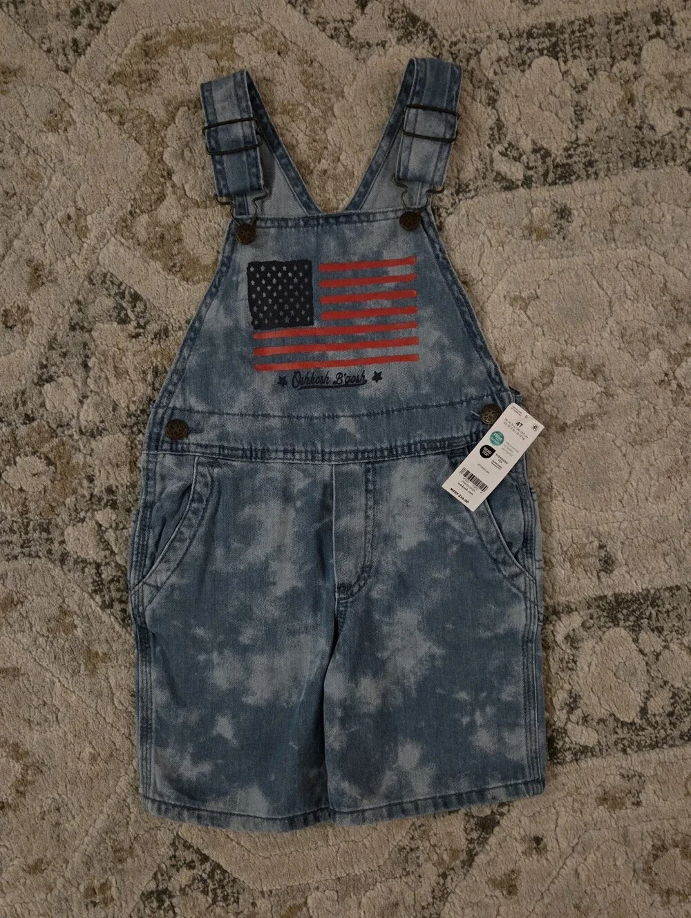 NWT OshKosh B'gosh American Flag Blue Denim Short Overalls Size 4T